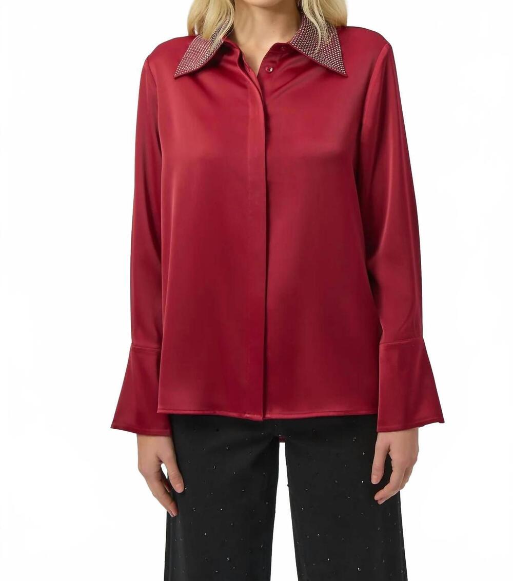 NEW JOSEPH RIBKOFF button-front blouse with embellished collar in deep cherry